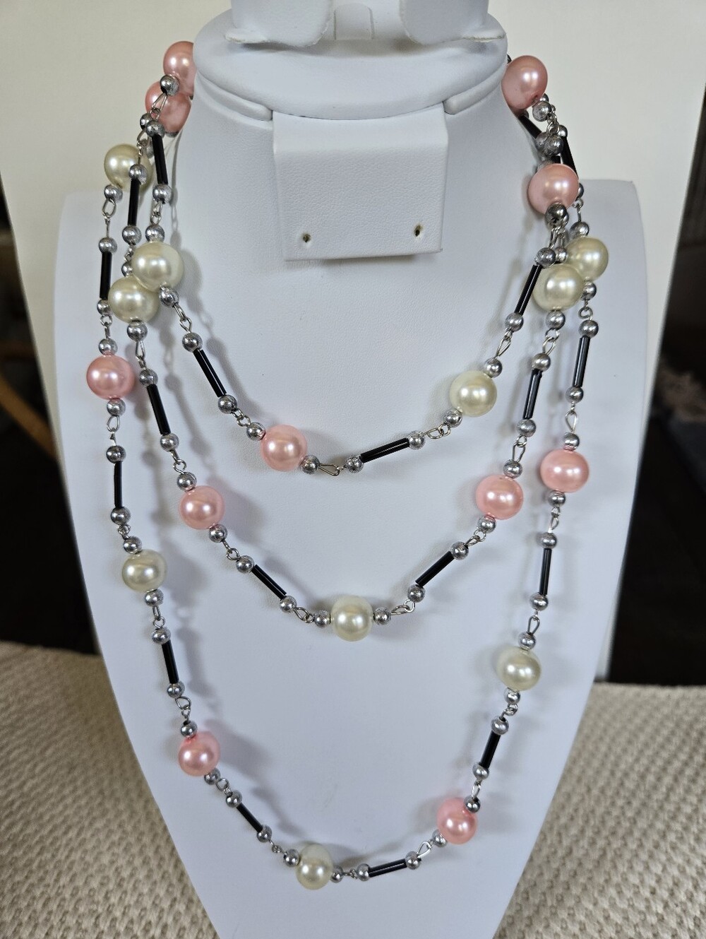 N-129-Long Art Deco Pink and Cream Faux Pearl Single-Strand Necklace